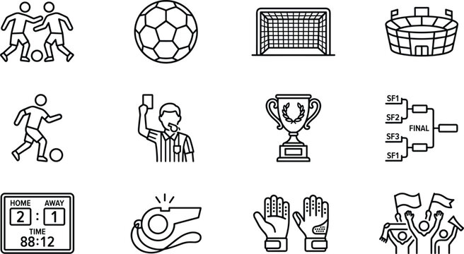 Soccer football line icon set featuring tournament brackets match scoreboard championship trophy cup and player action