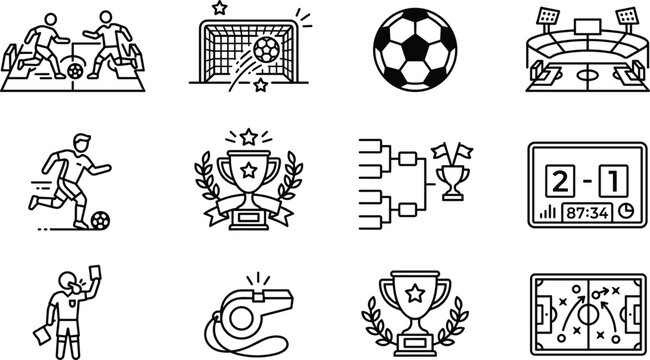 Soccer football line icon set featuring tournament playoff bracket match scoreboard championship trophy and field tactics chart