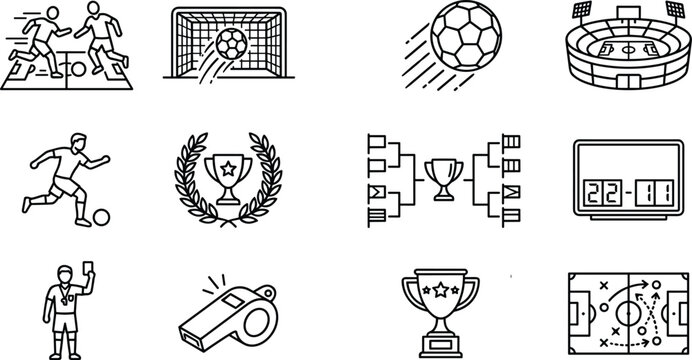 Soccer football line icon set featuring tournament playoff bracket match scoreboard championship trophy and field tactics playbook