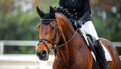 Obraz premium A close-up of a brown horse's head with a rider