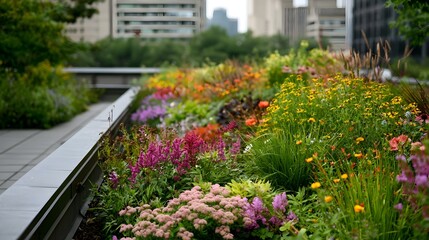 Obraz premium A vibrant urban garden flourishes on a city rooftop featuring lush greenery and birds in the background