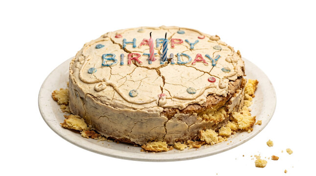 Cracked and broken birthday cake with candles, ruined celebration dessert on a plate, failed baking attempt with happy birthday text isolated PNG with Transparent Background