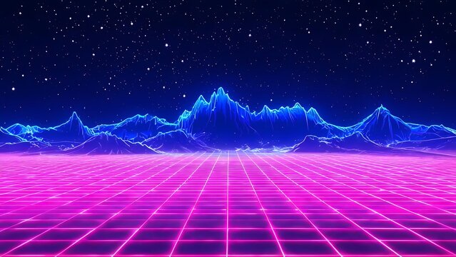 Neon mountain landscape with grid floor
