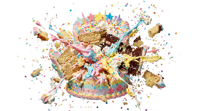 Exploding birthday cake with colorful frosting and sprinkles, messy cake explosion with flying crumbs, festive sweet dessert blast isolated PNG with Transparent Background