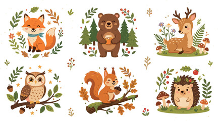 Obraz premium Cute Woodland Animals Vector Sticker Badges with Fox, Bear, Deer, Owl, Squirrel, and Hedgehog Surrounded by Botanical Forest Foliage for Children Designs