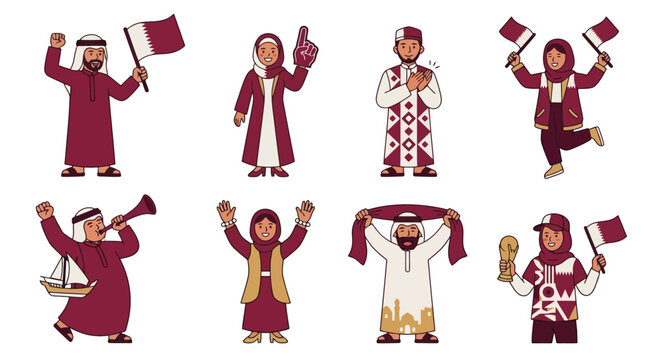 Set of Qatar national day celebration characters wearing traditional clothing and holding flags. EPS Editable