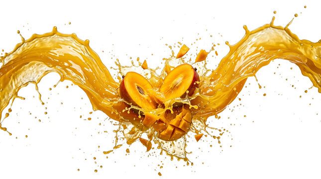 Dynamic mango juice splash with flying fruit pieces, fresh tropical fruit explosion, liquid wave of orange nectar for beverage advertising isolated PNG with Transparent Background
