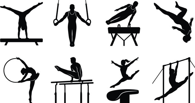 Art & IllustrationGymnastics athletes silhouette vector icon set featuring balance beam, still rings, pommel horse, and rhythmic hoop elements