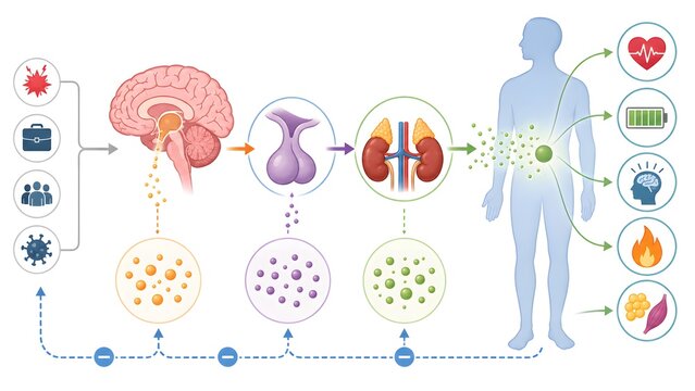 Detailed diagram illustrating the human body's stress response pathway from external stimuli to physiological effects.
