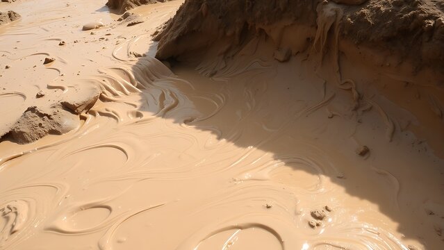 tonalite. Muddy slurry flowing down a hillside, creating viscous patterns in natural daylight. ESG reports, sustainability campaigns, designed for environmental awareness campaigns.
