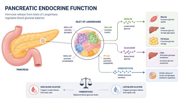 Pancreatic endocrine function diagram illustrating hormone release from islets of Langerhans regulating blood glucose balance and homeostasis.