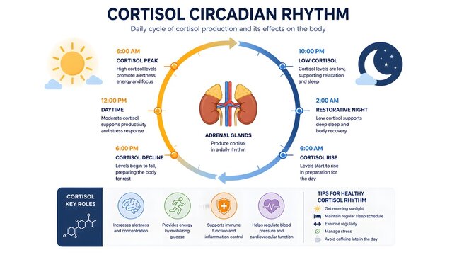 Infographic illustrating the daily cortisol circadian rhythm, its effects throughout the day, key roles, and tips for maintaining a healthy rhythm.