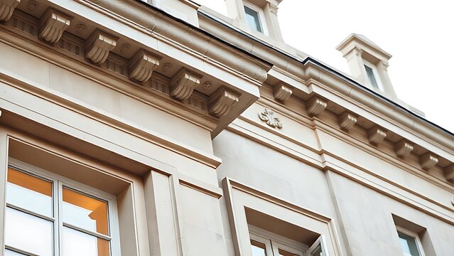 entablature. Classical architecture cornice featuring conical guttae details under soft window light. real-estate listings.
