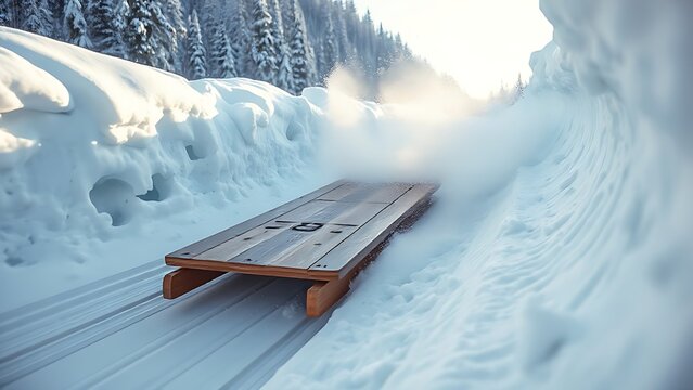 toboggan. A wooden toboggan speeds down an icy chute, spraying snow into the air. event key visuals, club posters, designed for fitness apps and gym onboarding, used by event planners.
