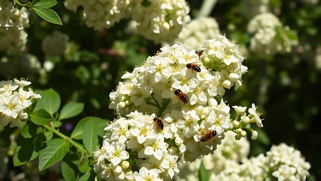 privet. Dense privet shrub blooming with tiny white flowers, bees collecting nectar. gardening catalogs, home-decor guides, designed for gardening and botanical catalogs, enhances decor appeal.