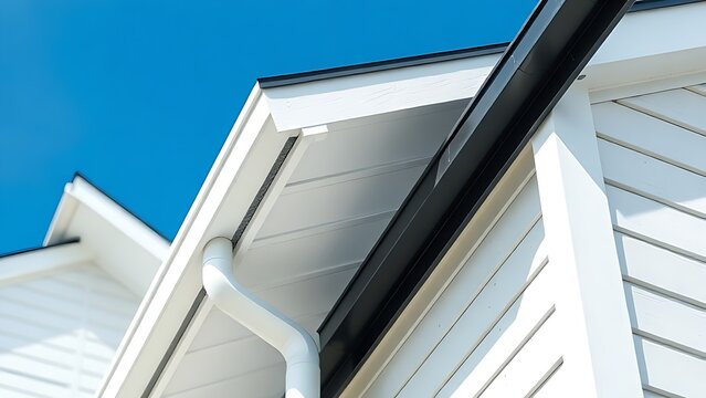 soffit. Clean white soffit board under eaves contrasting with dark rain gutter. real-estate listings, architecture portfolios, designed for real-estate listing and luxury residence showcases.