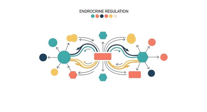 Colorful infographic illustrating the complex system of endocrine regulation with interconnected shapes and arrows representing biological processes and feedback loops.