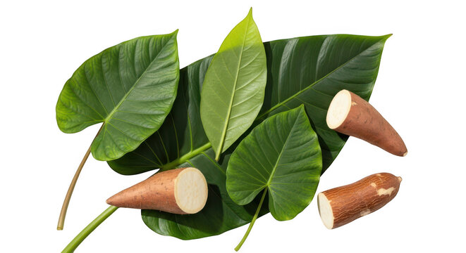 Fresh cassava roots with green leaves on a table