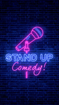 stand up comedy show sign neon lights on brick wall background , bar and club comedy and humor show party stream vertical social media background