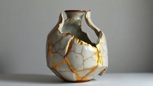 bennington. Shattered ceramic vase repaired with golden lacquer, kintsugi art on simple background. event programs, museum guides, designed for cultural heritage projects and event programs.