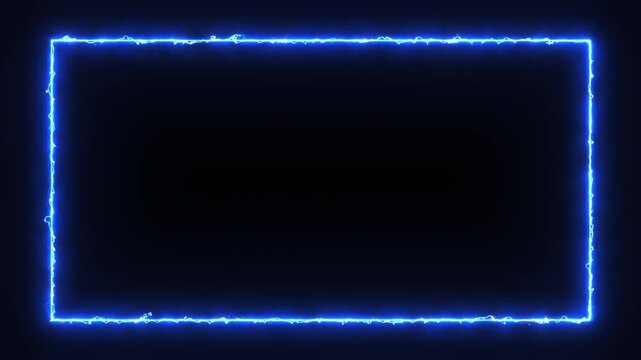 Glowing blue neon rectangle border frame animated on black background. Neon rectangular frame loopable.