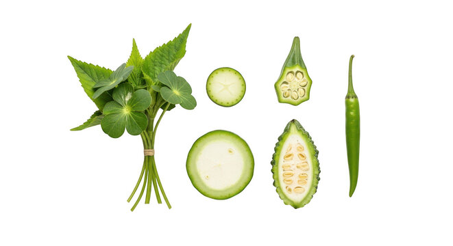 Fresh bitter melon vegetables with leaves and slices