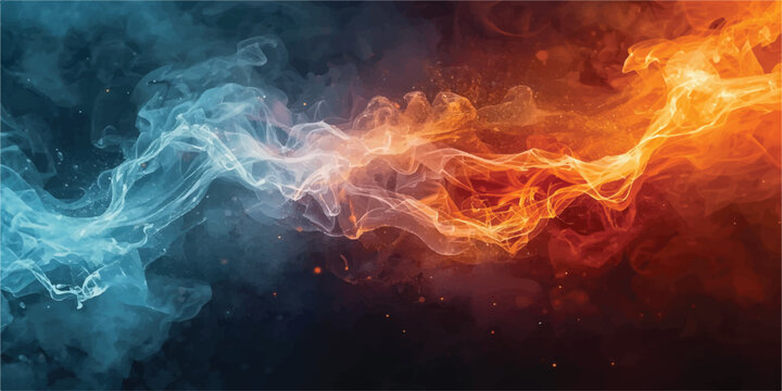 Fiery orange flames and icy blue energy streams collide in a dark void, creating a dramatic abstract battle of elemental forces.
