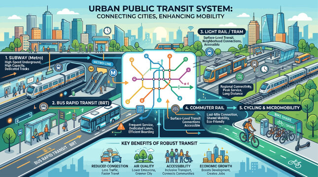 Vector infographic illustration of modern city transportation network showcasing public transit modes and sustainable urban infrastructure
