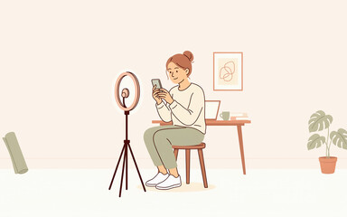 Fototapeta premium A young woman sitting on a wooden stool while recording a for social media using a ring light and a smartphone in a cozy home office