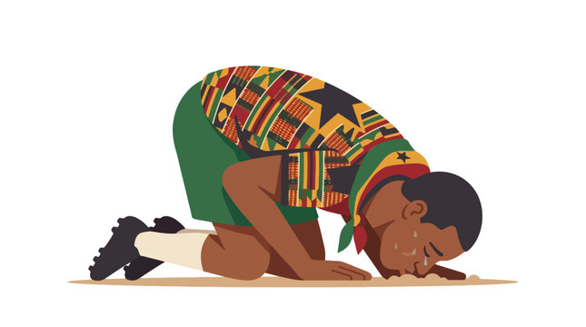 African man kneeling in traditional kente cloth shirt praying or bowing down. EPS Editable