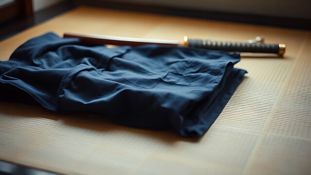 hakama. A neatly folded deep blue hakama and bamboo sword on tatami mat flooring. event programs, museum guides, designed for cultural heritage projects and event programs, supports education.