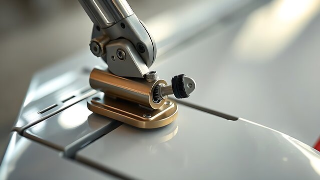 aileron. Close-up of an aircraft aileron's hinge and actuator, polished metal surface. mobility guides, transit brochures, designed for mobility and urban transit guides, used by bi analysts.