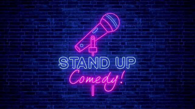 stand up comedy show sign neon lights on brick wall background animation, bar and club comedy and humor show party stream social media motion background