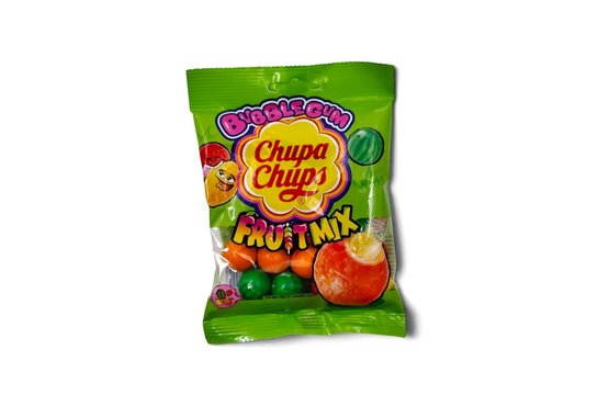 Top view of a bag of Chupa Chups fruit mix bubble gum, isolated on white background. Chupa Chups is a Spanish confectionery brand founded in 1958 by Enric Bernat.
