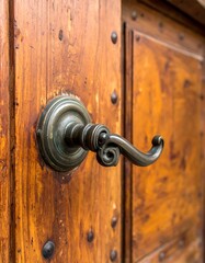 Obraz premium A close-up of a dark bronze door handle on a wooden door with visible wood grain and decorative metal studs