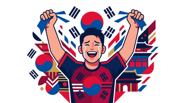 Excited South Korean sports fan celebrating victory with national flag elements. EPS Editable