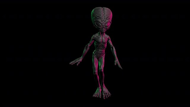 Seamless loopable animation of a terror alien sassy walking isolated with alpha channel.