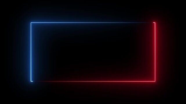 Modern red and blue neon glowing rectangular frame on dark background. Futuristic luminous border animation with vibrant light effects, gaming, streaming, presentations and digital content.
