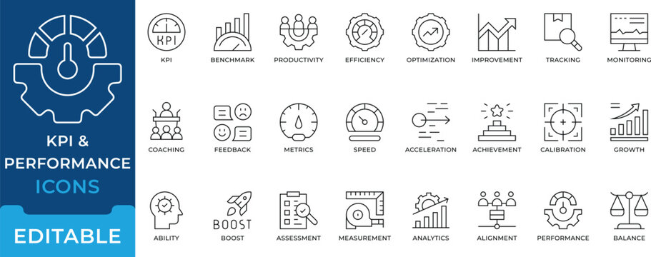 KPI Performance Metrics Productivity Icon Set editable vectors for business efficiency tracking analytics and process optimization
