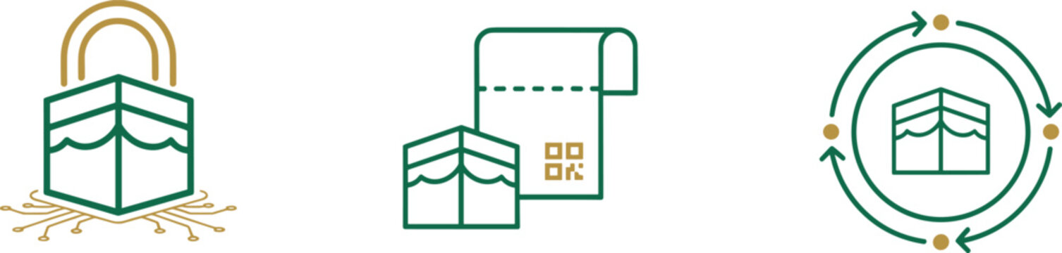 Islamic Hajj and Umrah Smart Tourism Icon Set Featuring Kaaba Secure Padlock QR Code Ticket and Tawaf Circular Arrows Vector Illustration