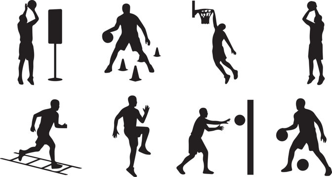 Set of basketball player silhouettes performing various training drills including dribbling shooting dunking and agility exercises