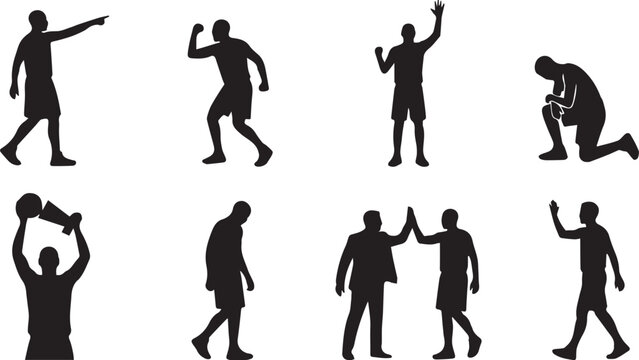 Set of basketball player and coach silhouettes showing various emotions winning losing celebrating and high five gestures