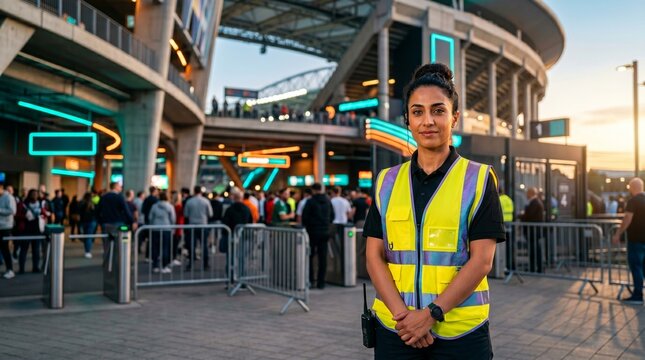 Female security guard in a high-visibility vest, standing confidently at a bustling stadium entrance. Event staff ensuring safety and crowd control at a large sports arena