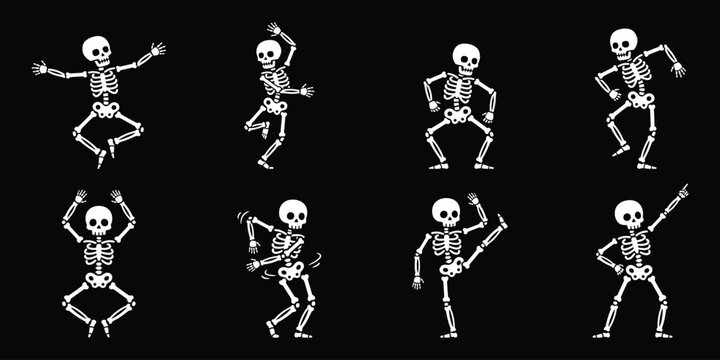 Dancing skeletons on a black background halloween themed white silhouettes