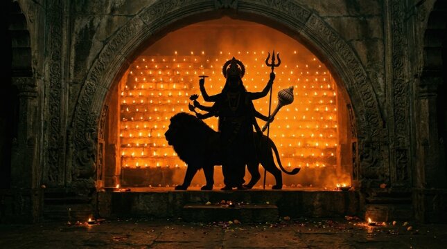 Durga Silhouette Amid Temple Lamps