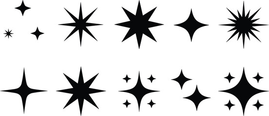 Black sparkle star vector icon set with magic twinkling flare symbols isolated on white background for graphic design element © Yesrath Hasan
