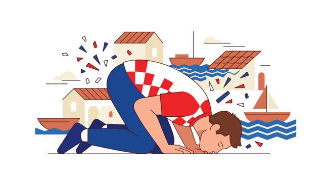 Man kneeling in prayer with Croatian flag shirt illustration. EPS Editable