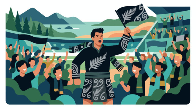 New Zealand rugby fan cheering with silver fern flag in stadium. EPS Editable
