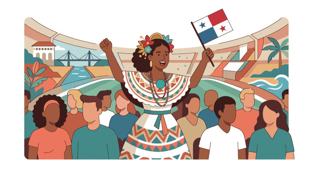 Panamanian woman in traditional pollera dress celebrating with national flag. EPS Editable