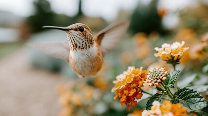 Fototapeta premium A stunning close-up of a hummingbird hovering gracefully in front of bright, colorful flowers, emphasizing the beauty of nature and the delicate balance of ecosystems.